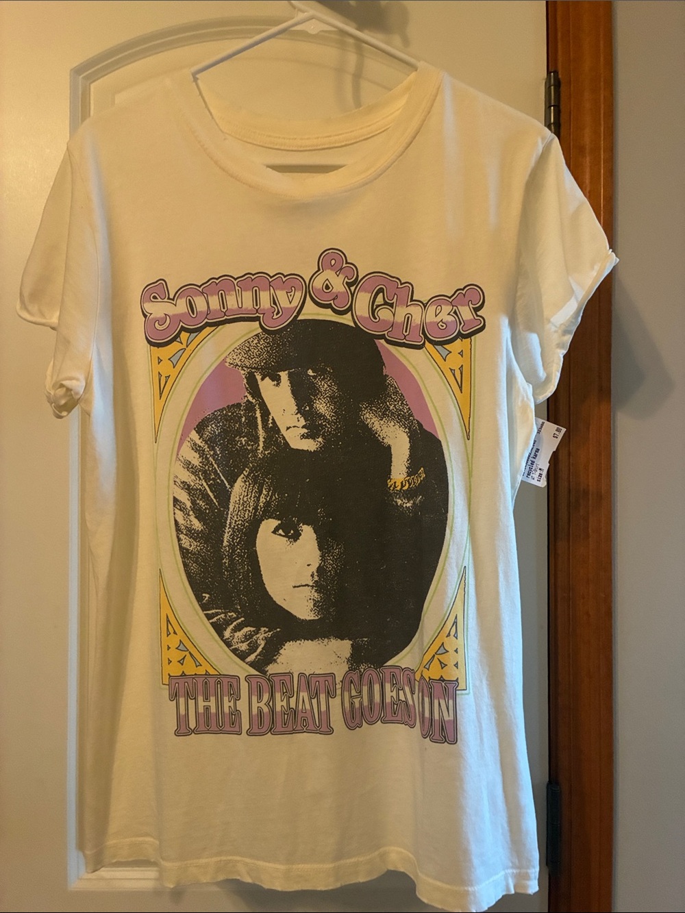 Recycled Karma White Sonny & Cher Graphic Tee with Pink and Yellow Accents